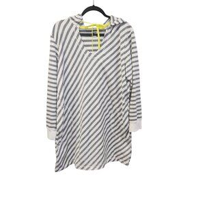 DKNY Striped Hooded Long-Sleeve Tunic Pockets & Yellow Drawstring XL 3844